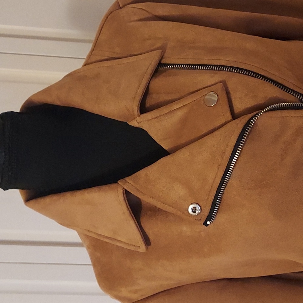 Tan Beige Faux Suede Moto Biker Jacket Size M - Picture 4 of 9